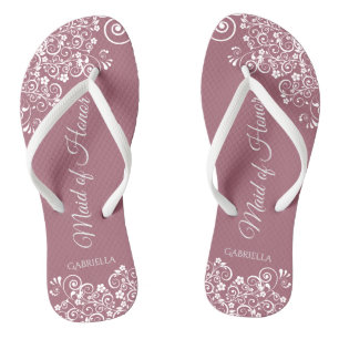 White Lace on Dusty Rose Maid of Honour Wedding Flip Flops