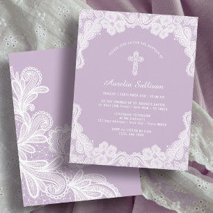White Lace on Lilac Baptism Invitation