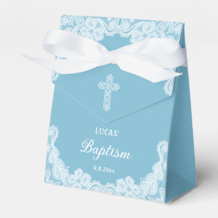White Lace on Pastel Blue Baptism Tent Favor Box