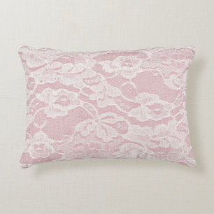 White Lace on Pastel Pink Linen Texture Accent Pillow