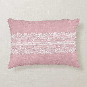 White Lace on Pastel Pink Linen Texture Accent Pillow