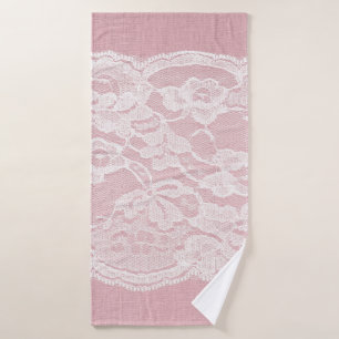 White Lace on Pastel Pink Linen Texture Bath Towel