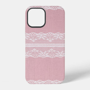 White Lace on Pastel Pink Linen Texture iPhone 12 Case