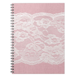 White Lace on Pastel Pink Linen Texture Notebook