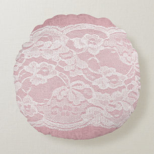 White Lace on Pastel Pink Linen Texture Round Pillow