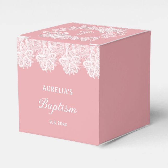 White Lace on Pink Baptism Cube Favor Box (Front Side)