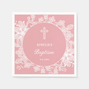 White Lace on Pink Baptism Napkin