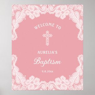 White Lace on Pink Baptism Welcome Poster