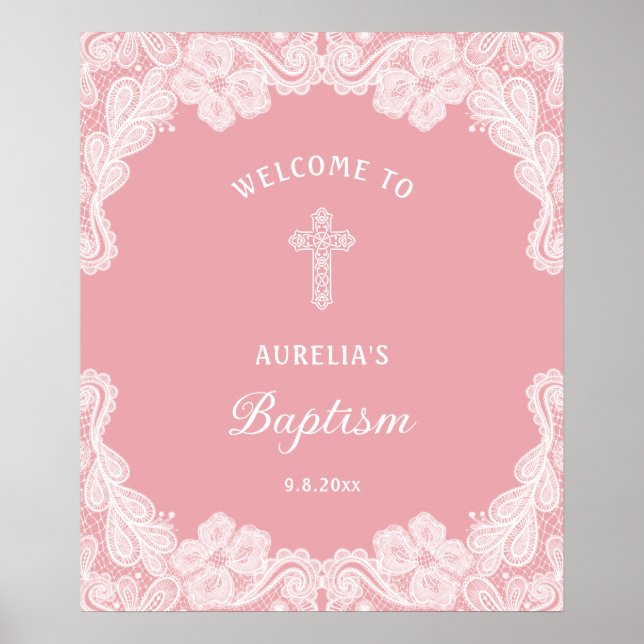White Lace on Pink Baptism Welcome Poster (Front)