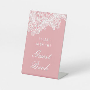 White Lace on Pink Guest Book Pedestal Sign