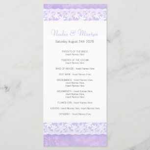 White lace on purple wedding program rack card
