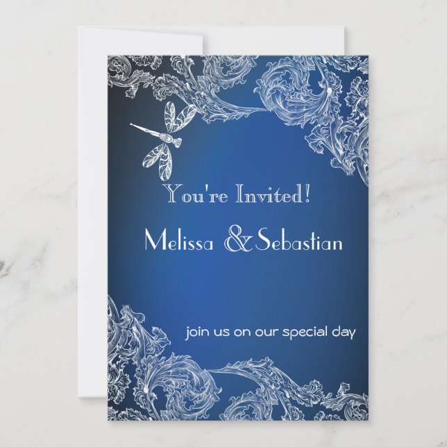 White Lace on Royal Blue  Dragonflies Invitation (Front)