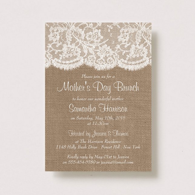 White Lace On Rustic Burlap Mother's Day Brunch Invitation (Creator Uploaded)