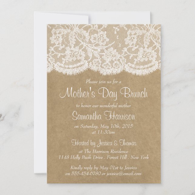 White Lace On Rustic Kraft Mother's Day Brunch Invitation (Front)