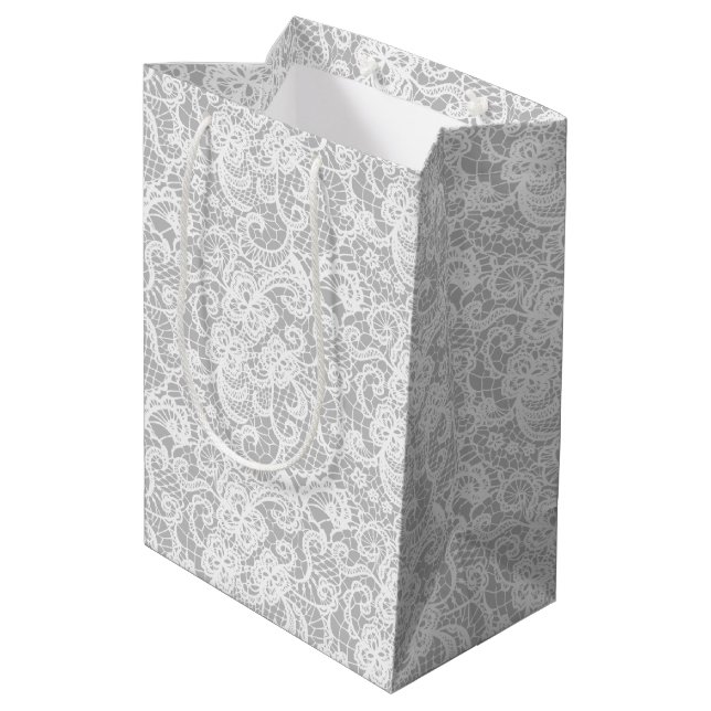 White Lace on Silver Medium Gift Bag (Back Angled)