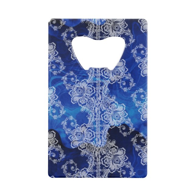White Lace on Swirling Blues Abstract Wallet Bottle Opener (Front)