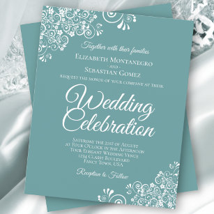White Lace on Teal Budget Wedding Invitation