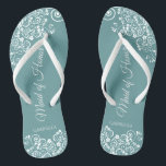 White Lace on Teal Elegant Maid of Honour Wedding Flip Flops<br><div class="desc">These beautiful wedding flip flops are a great way to thank and recognize your Maid of Honour while saving her feet at the same time. Features an elegant design with white floral lace filigree on a teal or turquoise coloured background. The elegant script lettering reads Maid of Honour with her...</div>