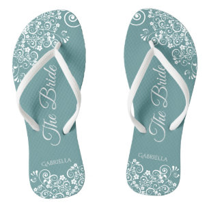 White Lace on Teal Simple Elegant Bride's Wedding Flip Flops