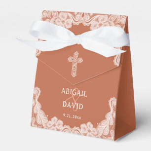 White Lace on Terracotta Religious Wedding Tent Favor Box