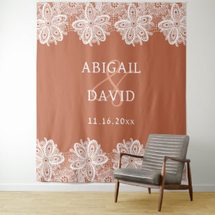 White Lace on Terracotta Wedding Backdrop Tapestry