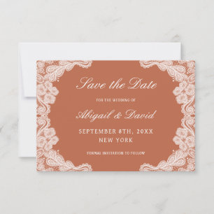 White Lace on Terracotta Wedding Save The Date