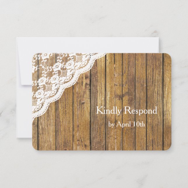 White Lace on Wood Wedding RSVP Card (Front)