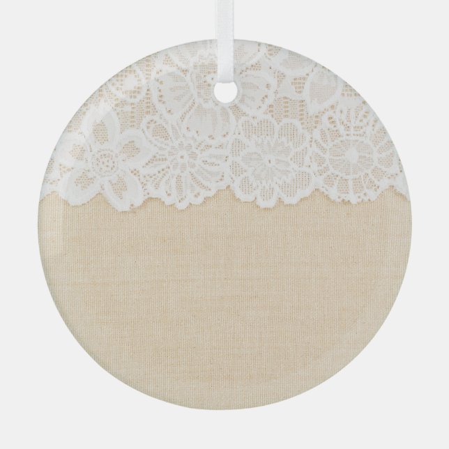 White lace over fabric design. glass ornament (Front)