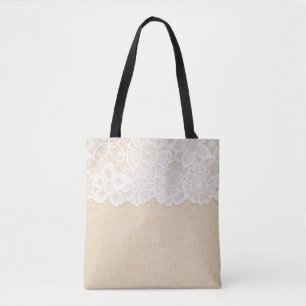 White lace over fabric design. tote bag