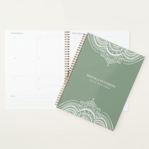White Lace Paisley Mandala On Sagr Green Planner