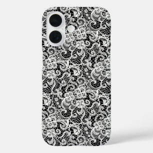 White Lace Pattern On Black iPhone 16 Case