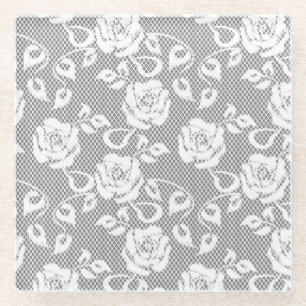 White lace pattern on grey background glass coaster