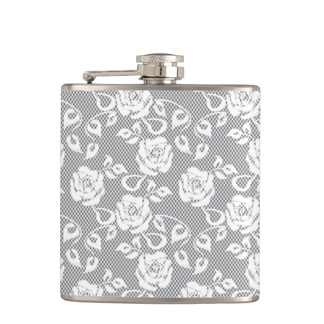 White lace pattern on grey background hip flask (Front)