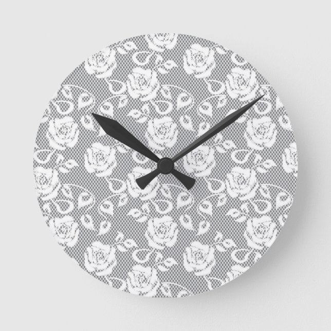 White lace pattern on grey background round clock (Front)