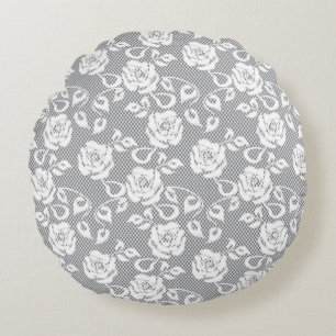 White lace pattern on grey background round pillow
