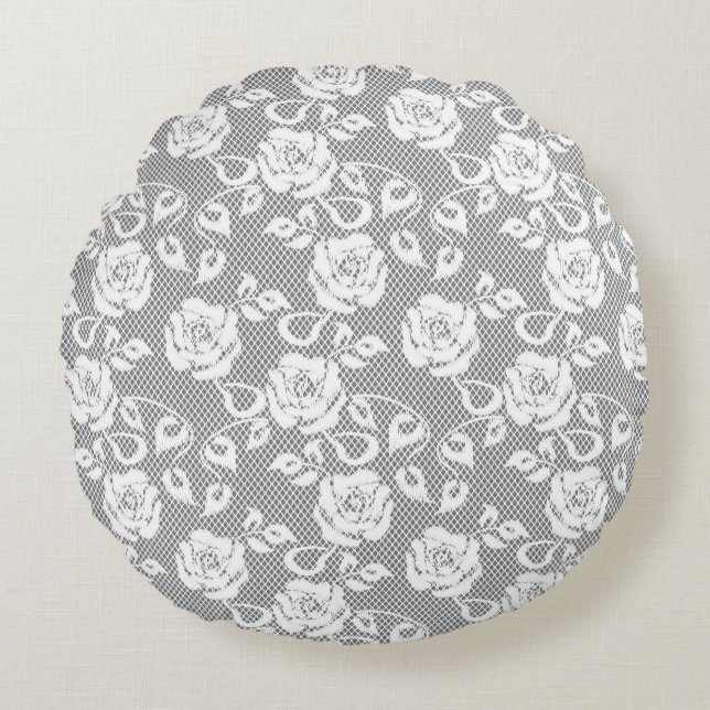 White lace pattern on grey background round pillow (Front)