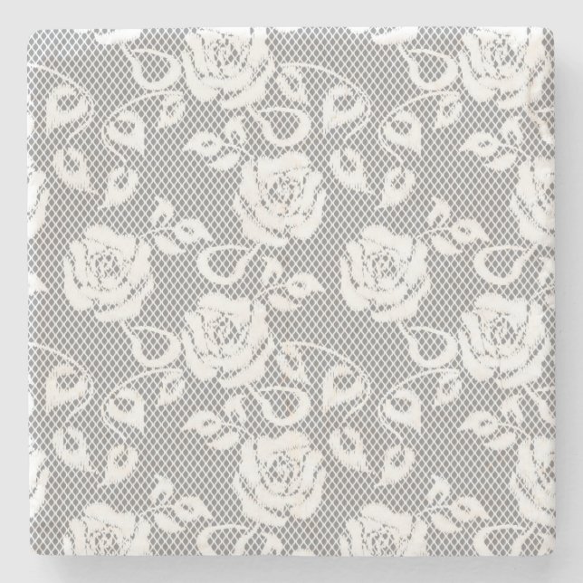 White lace pattern on grey background stone coaster (Front)