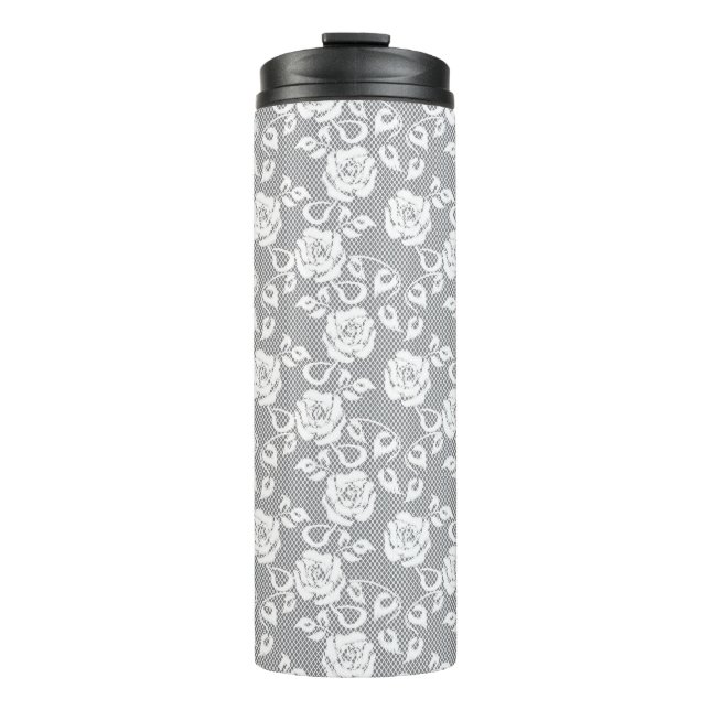 White lace pattern on grey background thermal tumbler (Front)