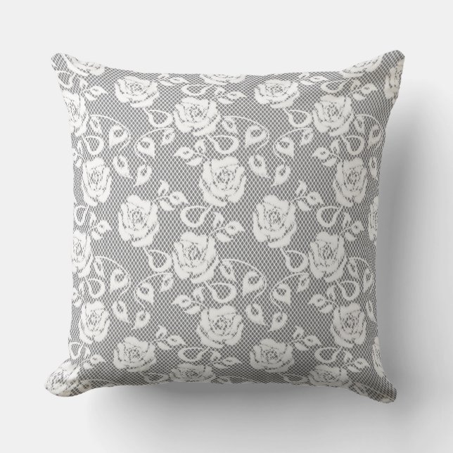 White lace pattern on grey background throw pillow (Front)