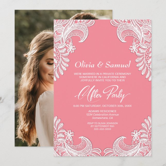 White Lace Pink Custom Photo Wedding After Party Invitation (Front/Back)