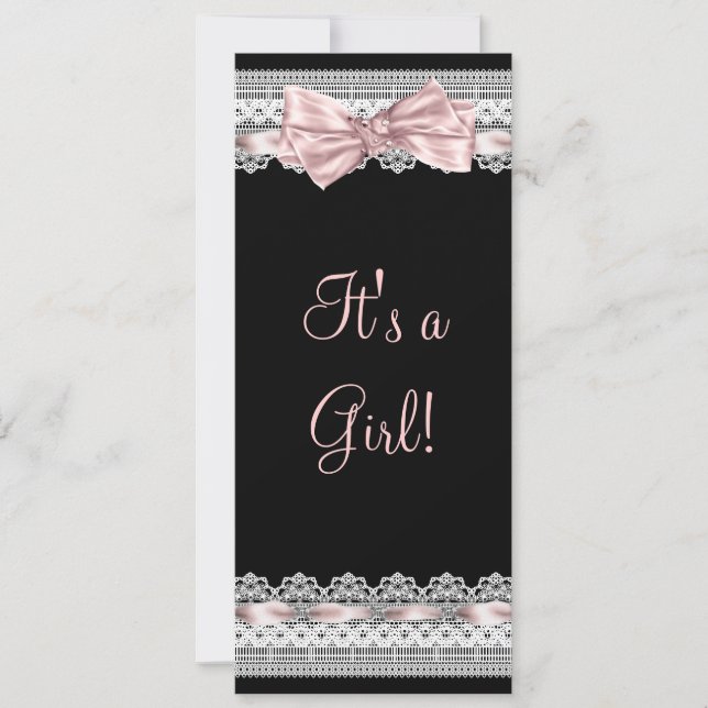 White Lace Pink Ribbon Pink and Black Baby Shower Invitation (Front)