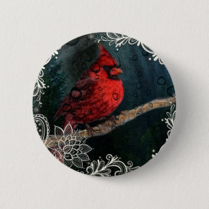 White lace Primitive Christmas Red Cardinal 2 Inch Round Button