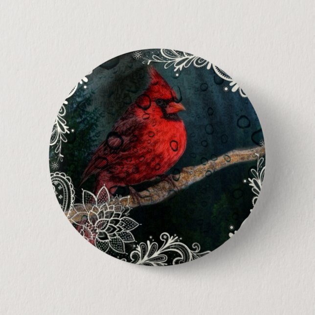 White lace Primitive Christmas Red Cardinal 2 Inch Round Button (Front)