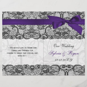 white lace,purple ribbon book fold Wedding program