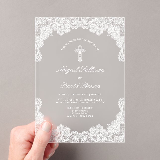 White Lace Religious Wedding Acrylic Invitations (Insitu (Handheld))