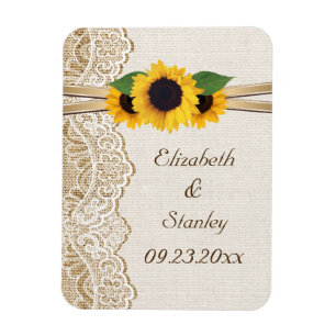 White lace, ribbon, sunflowers and burlap wedding magnet