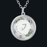 White Lace & Rose Leaves Monogrammed Silver Plated Necklace<br><div class="desc">Design features monogram in elegant silver text displayed in centre against a white backing. Background features the image of white lace. Green rose leaves are delicately positioned at the edges.</div>