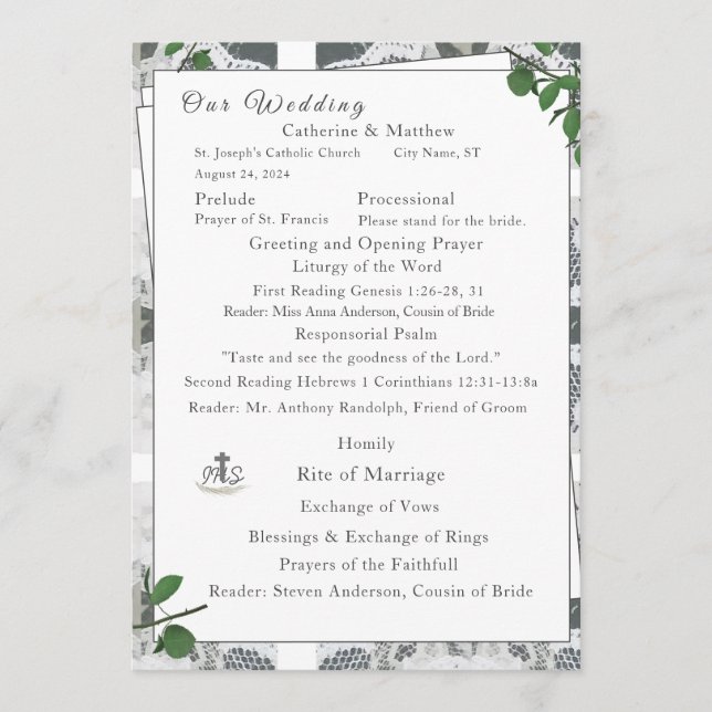 White Lace & Rose Leaves Nuptial Mass Program (Front)
