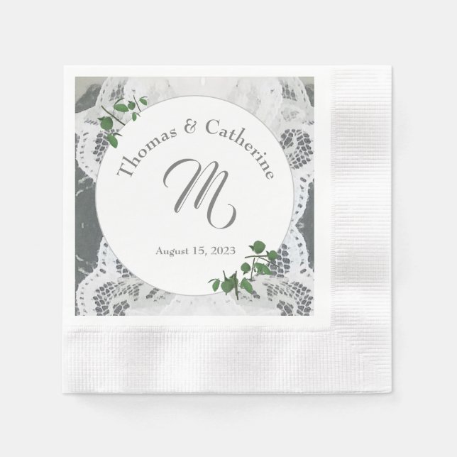 White Lace & Rose Leaves Paper Plate Napkin (Front)