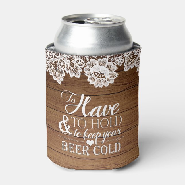White Lace Rustic Barn Wood Monogram Wedding Can Cooler (Can Front)